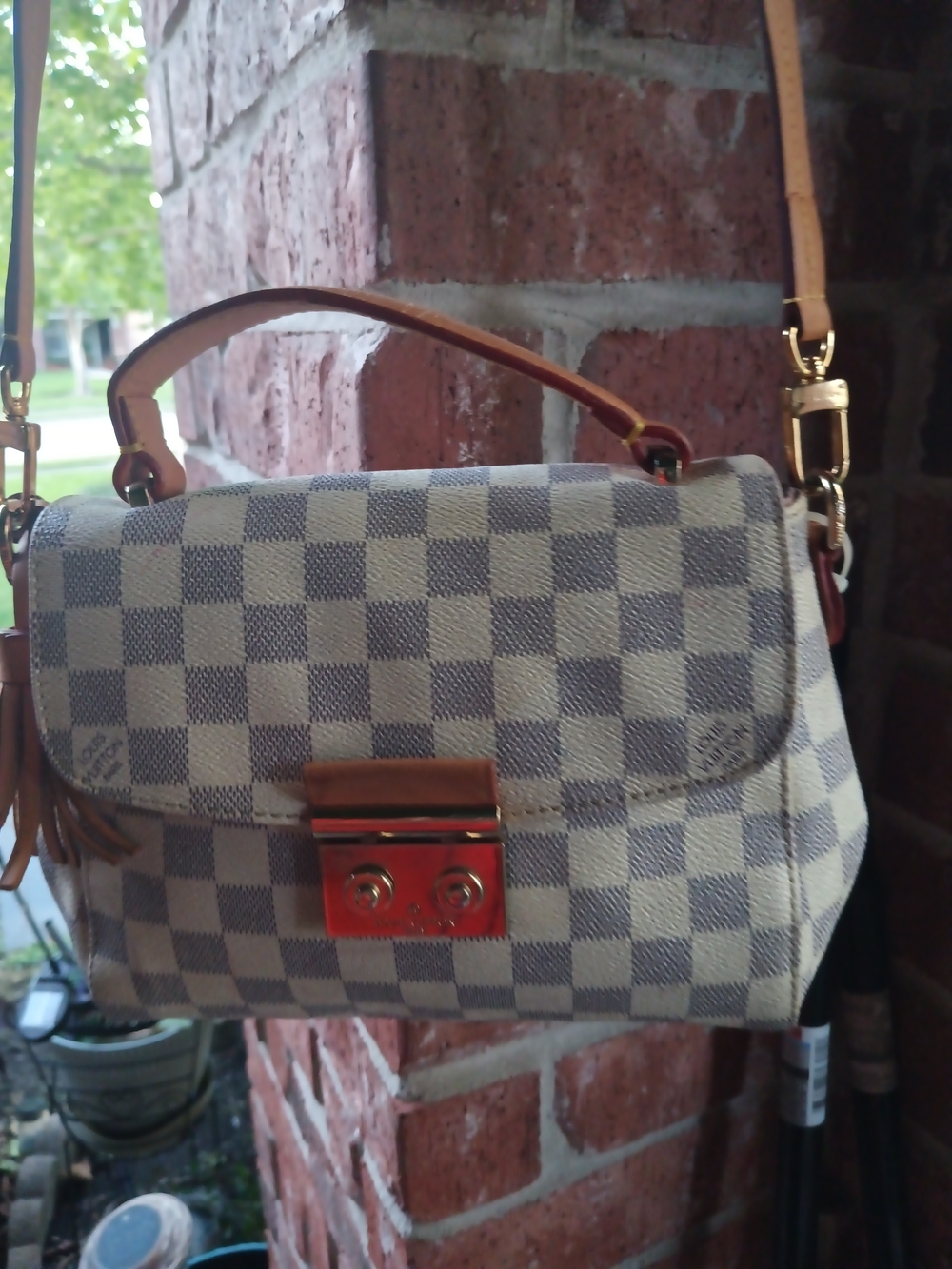 Checked Canvas Crossbody Satchel in Cream and Gray Leather Trimmed in Tan